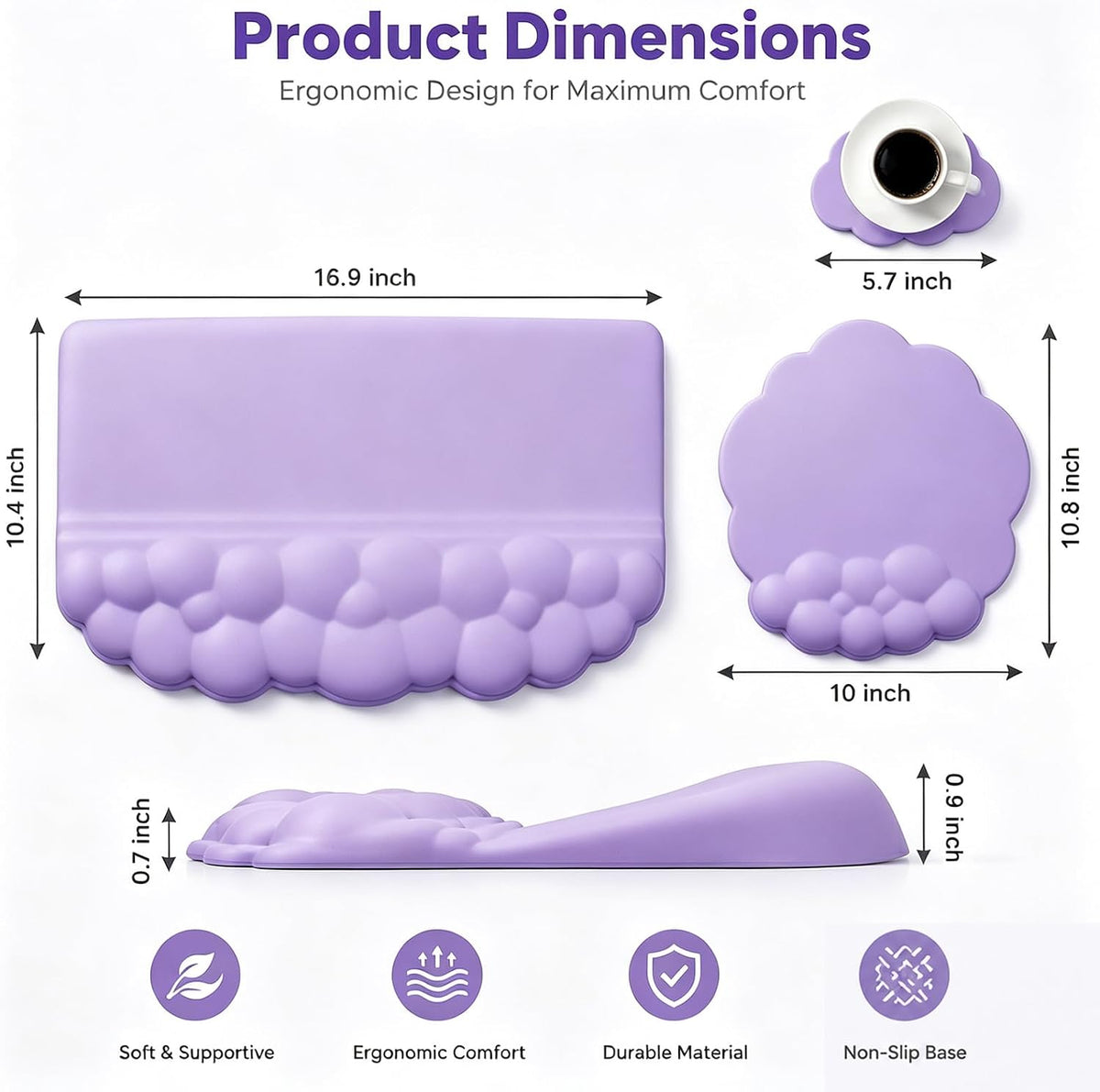 Cloud - Juego de reposamuñecas para teclado, 3 en 1, ergonómico de espuma viscoelástica, soporte para teclado con soporte de muñeca para mouse y soporte para tazas, cojín de escritorio