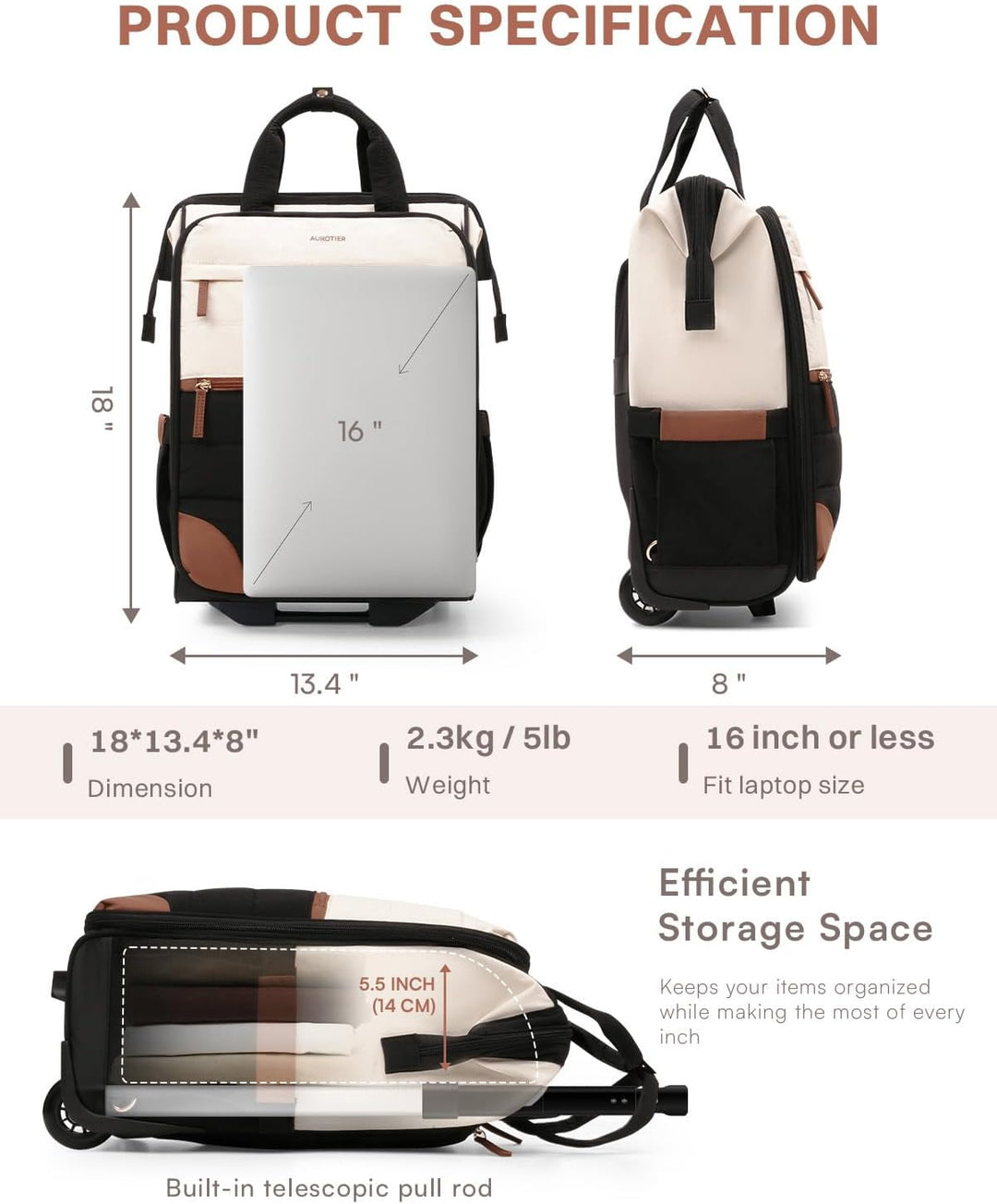 AUROTIER Mochila Puffer con Ruedas para Mujeres, Mochila de Viaje c...