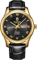 ROCOSJEWE Reloj de vestir masculino automático de cuerda automática - Caja de acero inoxidable dorado, números romanos, correa de cuero marrón, indicación de día y fecha, tapa esqueletada, reloj de pulsera de lujo para negocios, uso casual y diario