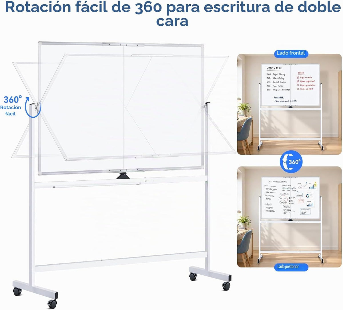 maxtek Pizarra blanca con ruedas, pizarra blanca magnética grande de 48 x 36 pulgadas con soportes, pizarra blanca grande de doble cara de borrado en seco sobre ruedas para escuela en casa, oficina en