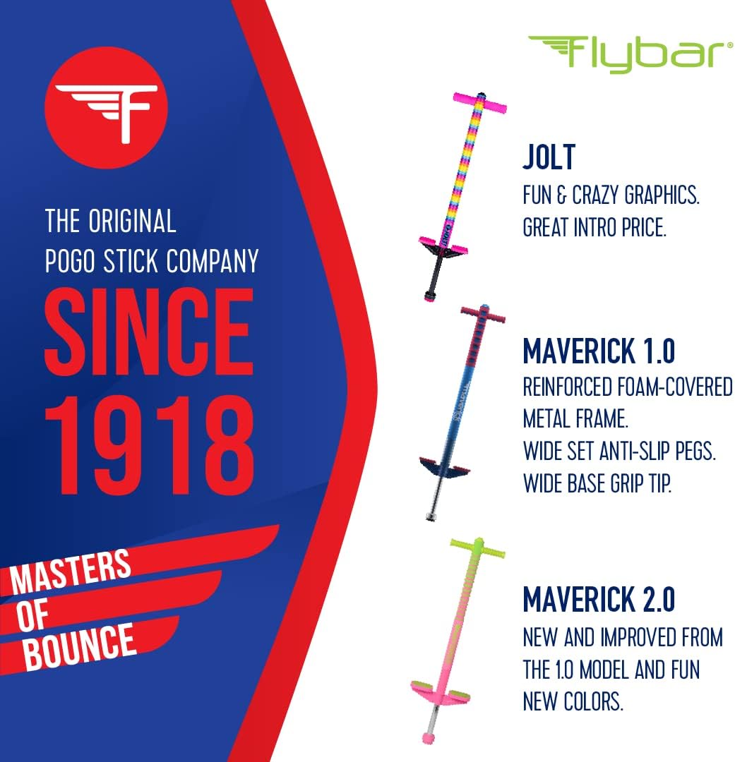 Flybar Maverick Pogo Stick de espuma para niños de 5 años en adelante, 40 a 80 libras, palo de Pogo para niños y niñas (rojo/azul)