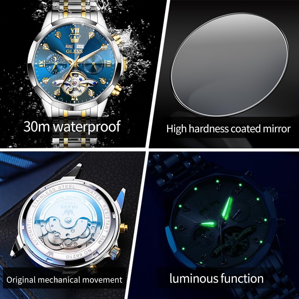 Reloj OLEVS Skeleton para Hombre Automático de Negocios Lujo con Diamante, Reloj Automático de Carga, Reloj de Pulsera con Calendario de Acero Inoxidable