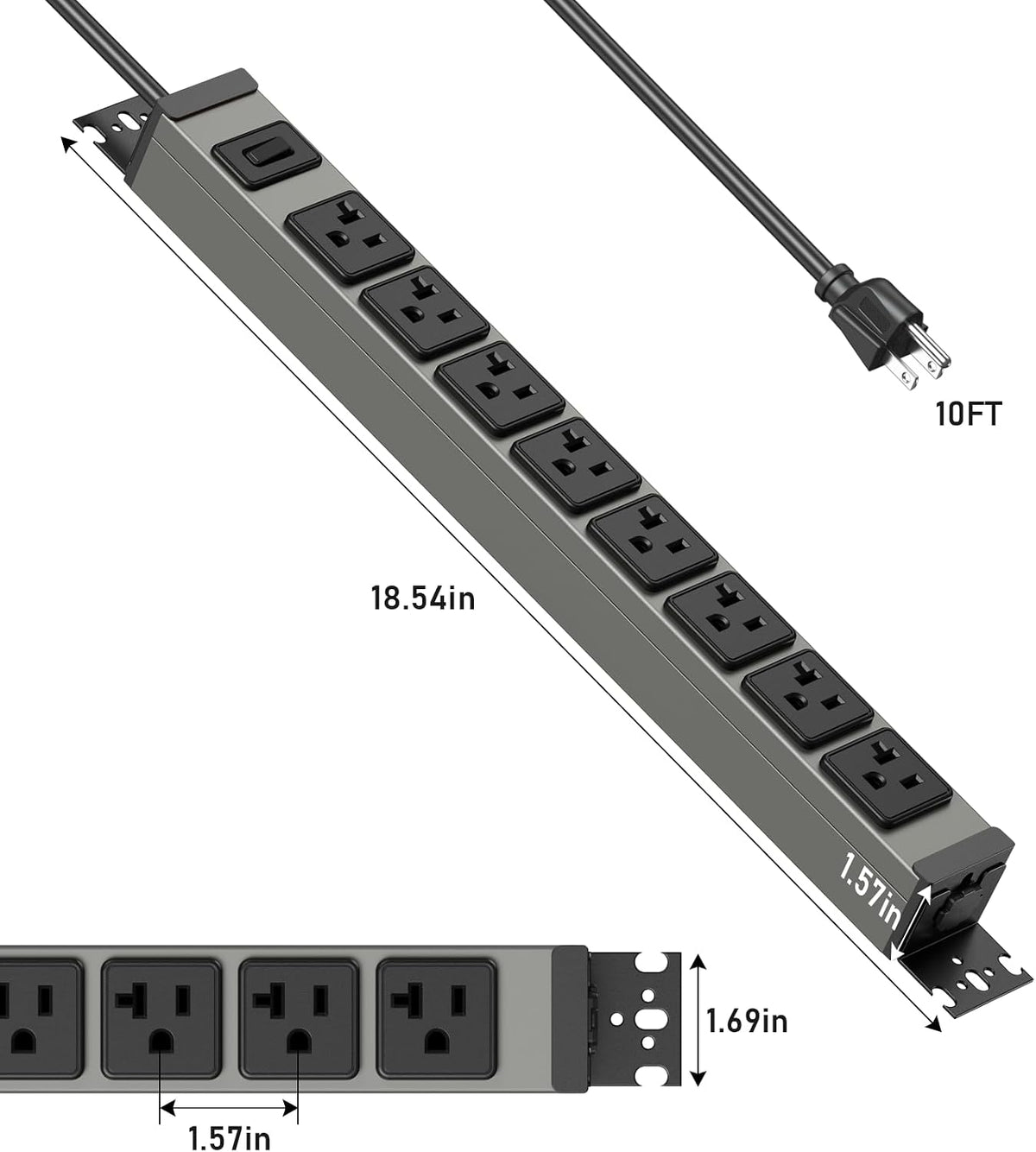 Regleta de alimentación resistente para montaje en pared, protector de sobretensiones de 20 amperios 1200J de metal, 8 salidas debajo del escritorio, 20A, toma de mesa eléctrica de garaje, enchufes industriales 6-20R ranura en T, cable de extensión de 10