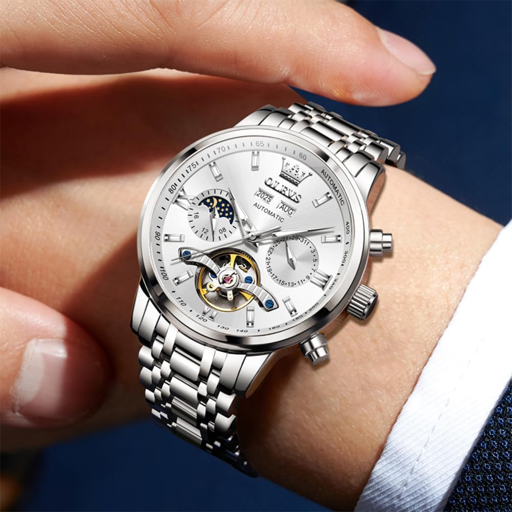 OLEVS Relojes Automáticos para Hombres Lujo Reloj Mecánico esqueleto Autoa Tono Cuerda continua Fecha a prueba de agua Luminoso Reloj para Hombres