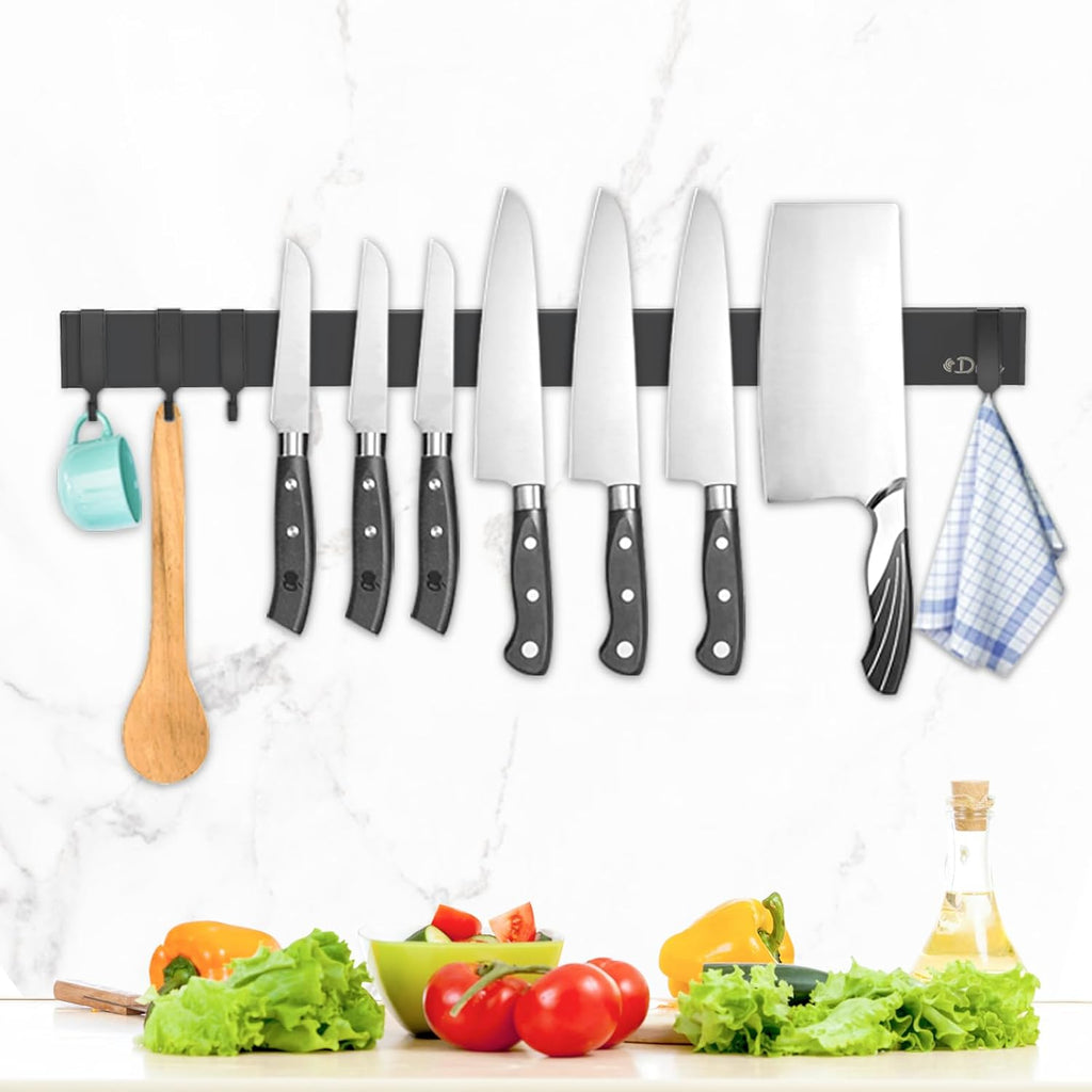 Soporte magnético para cuchillos Dmore para pared—con 4 ganchos, tira magnética para cuchillos de 20 pulgadas negra, sin necesidad de taladrar, potente estante magnético para cuchillos, incluye cinta
