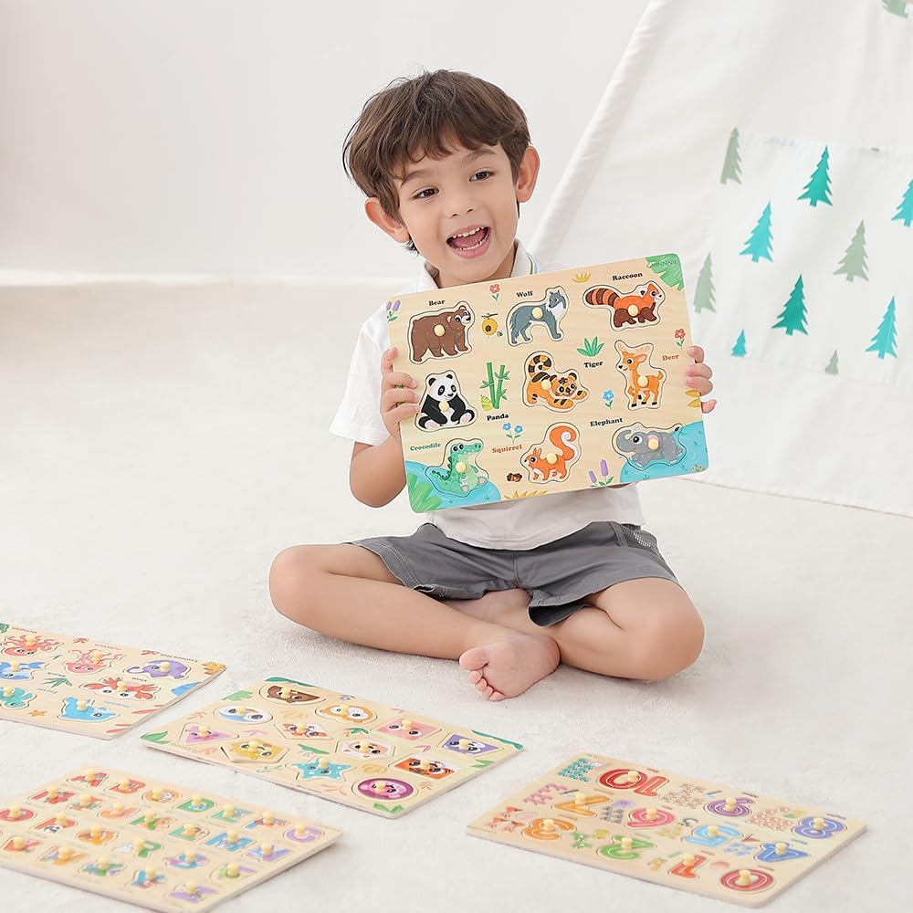 GRINNNIE - Rompecabezas de madera para niños pequeños de 3, 4 y 5 años, juguetes Montessori para niños pequeños, 5 rompecabezas con perilla, número, alfabeto, forma y animal, gran regalo de cumpleaños de Navidad para niños y niñas