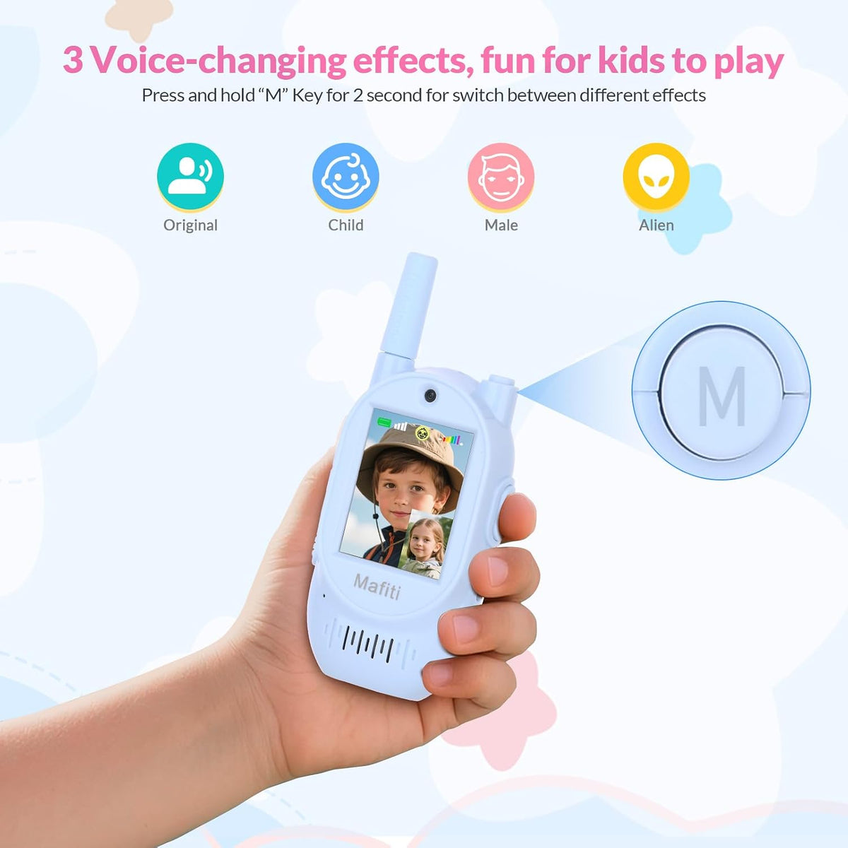 Mafiti Walkie Talkies de video para niños, paquete de 2 juguetes recargables de 1000 pies de largo alcance, regalos de cumpleaños para niños y niñas de 3, 4, 5, 6, 7, 8 años (azul + rosa)