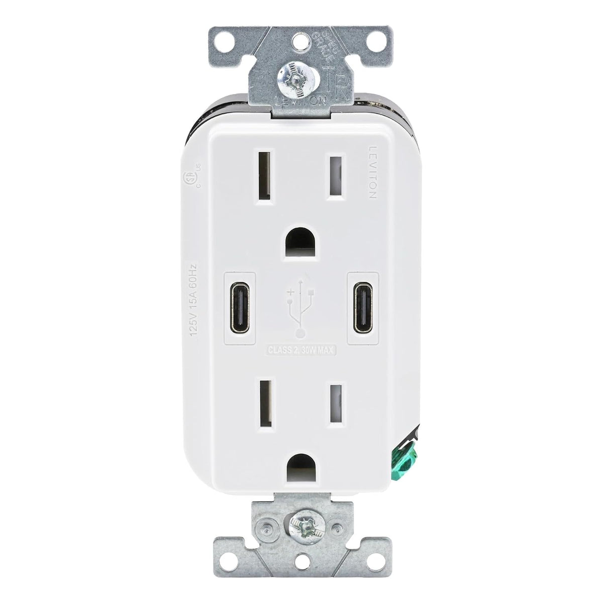 Leviton Decora - Toma de pared USB-C de 30 W, receptáculo TR, 15 A, CC1X3-W
