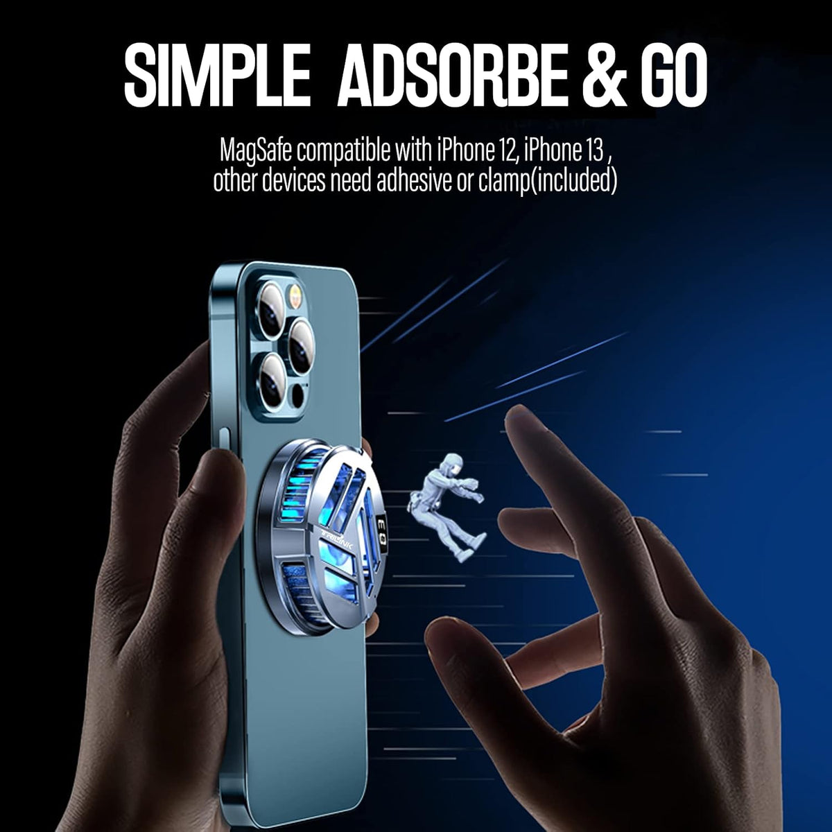 TRILINK Enfriador magnético para teléfono con carga inalámbrica, ventilador de refrigeración de teléfono para iPhone/Android/iPad/Tablet - Radiador de teléfono para juegos, compatible con iPhone 12/13 MagSafe -LED RGB - Abrazadera universal