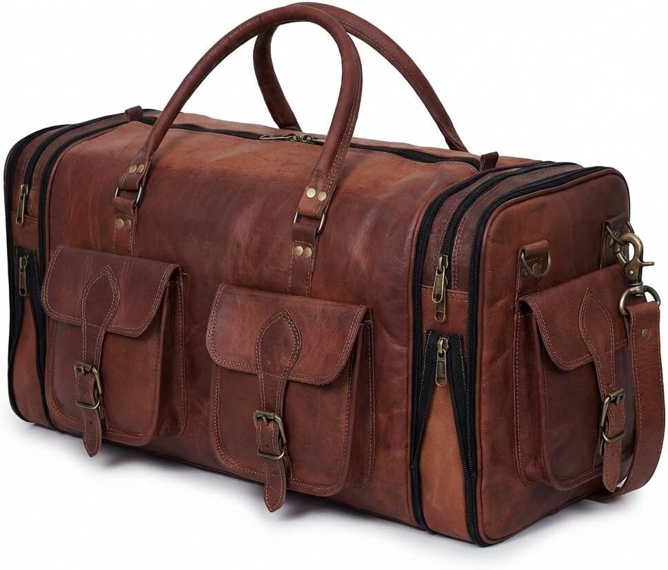 Bolsa de lona de cuero genuino de 24 pulgadas, hecha a mano, vintage, bolsa de equipaje para hombres, bolsa de viaje para hombre, bolsa de lona mediana para fines de semana, bolsa de gimnasio para hombres y mujeres