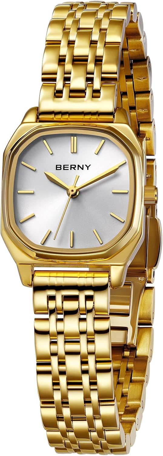 BERNY Relojes de oro para mujer, reloj de pulsera clásico cuadrado de moda para mujer, elegantes relojes analógicos de cuarzo para mujer, todo acero inoxidable, impermeable, regalo de cumpleaños