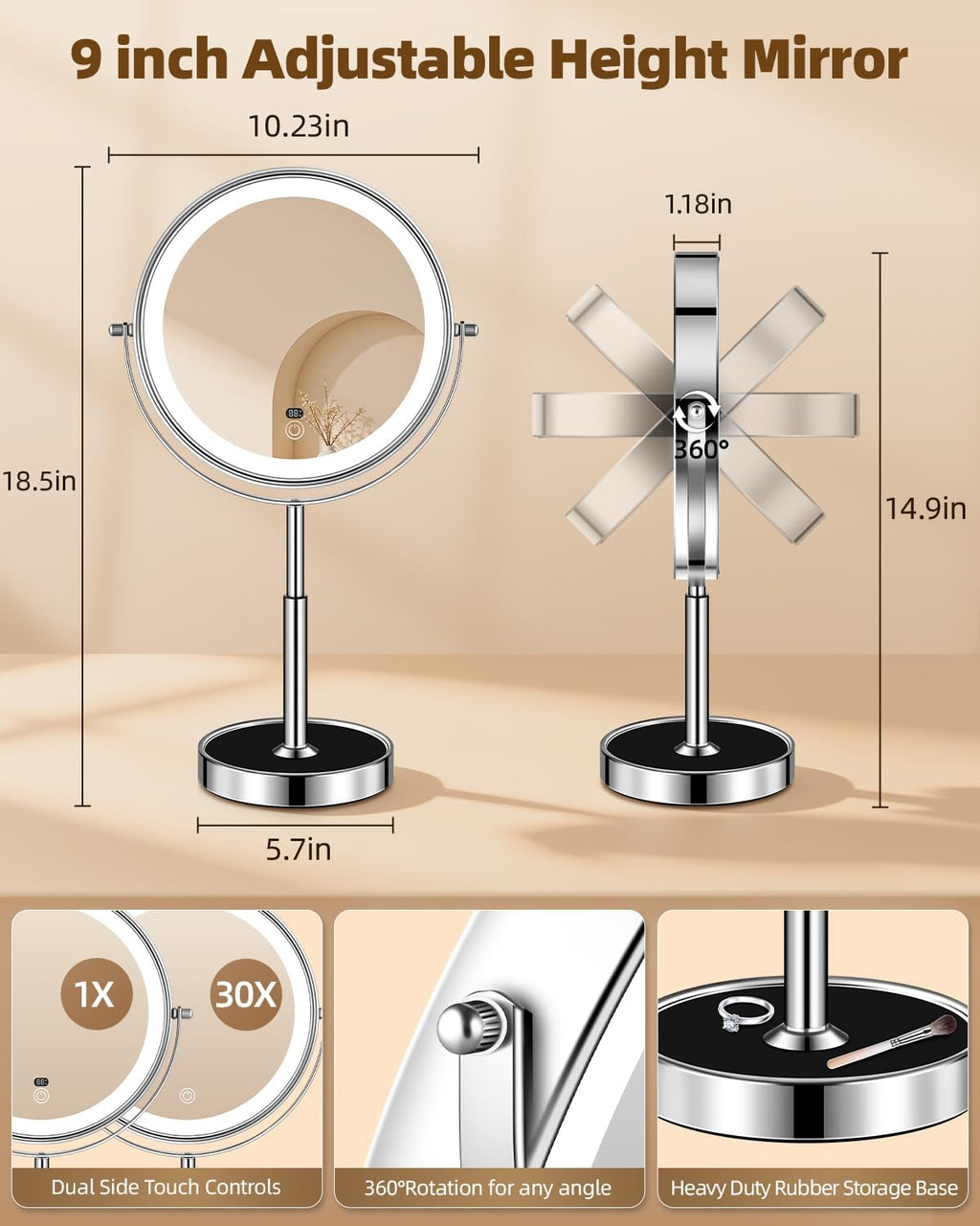 Espejo de maquillaje iluminado de 9 pulgadas con luz, espejo ajustable de