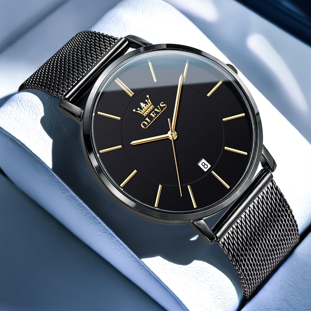 OLEVS Relojes de Hombre de Cuero Negro Ultrafinos 6.5 mm Minimalista Vestir Simple Moda Casual Resistente al Agua con Fecha