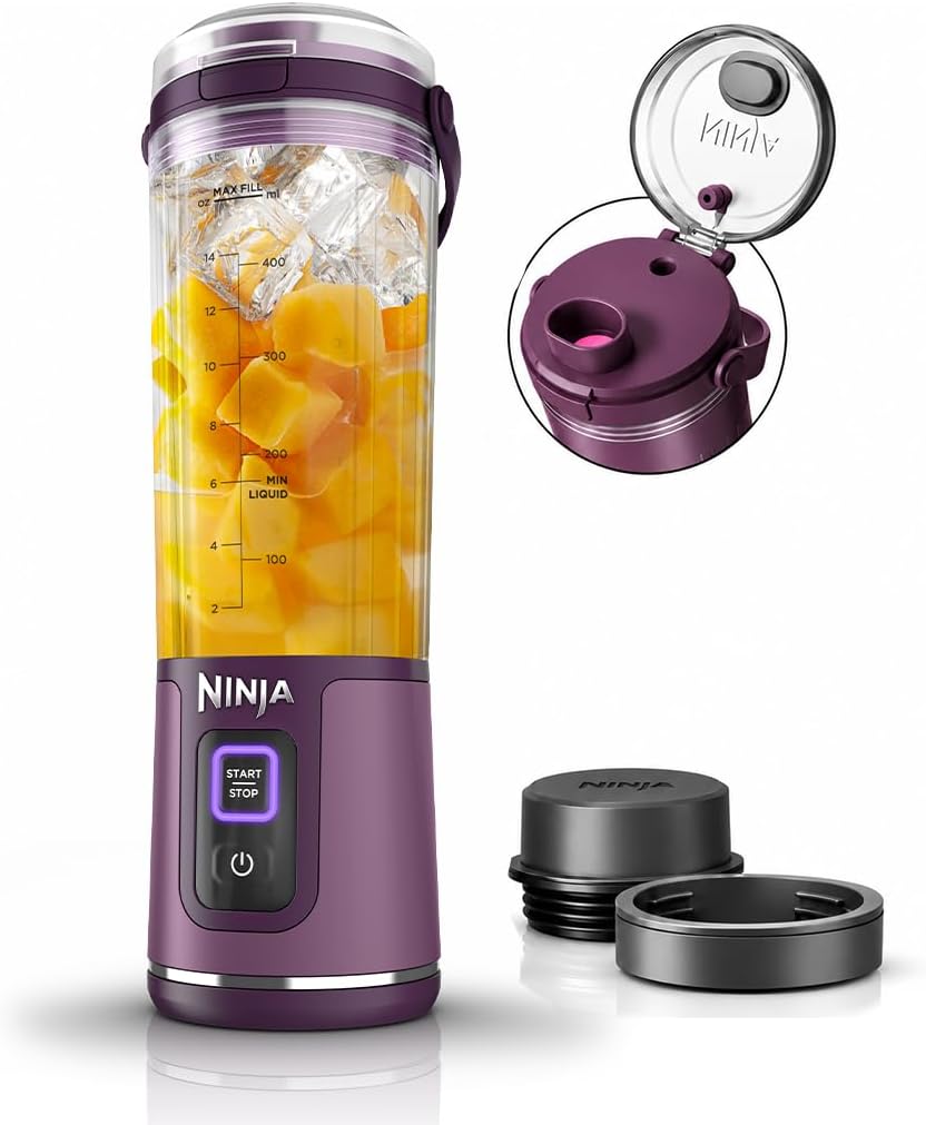 Ninja BC151PR Blast - Licuadora portátil, inalámbrica, recipiente de 18 onzas, licuadora personal para batidos y batidos, sin BPA, tapa a prueba de fugas y boquilla para sorbos, recargable USB-C