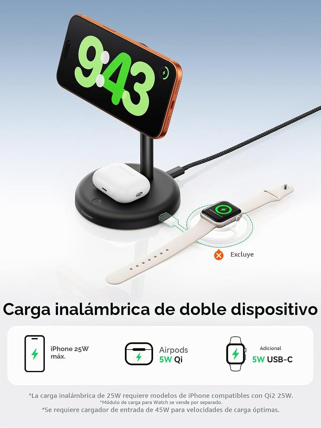 Soporte de cargador inalámbrico certificado Qi2.2 25W con