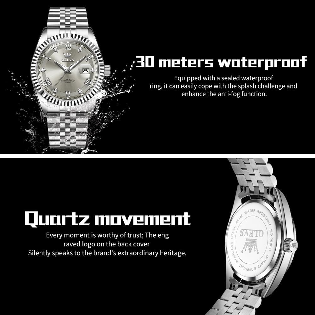 OLEVS Reloj Clásico para Hombre Diamante Analógico Lujo Acero Inoxidable a Dos Tonos Resistente al Agua con Fecha Luminous para Hombres