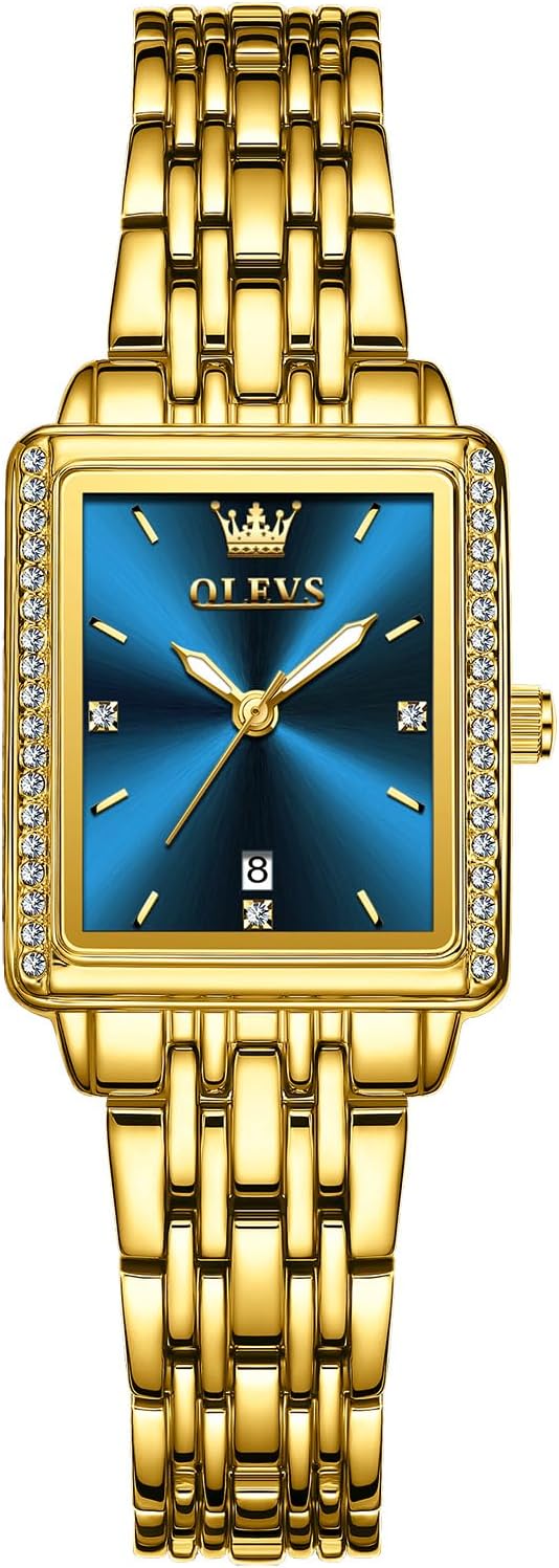 OLEVS Reloj de mujer de oro de acero inoxidable, reloj de cara cuadrada pequeña con decoración de diamantes, reloj de vestir de cuarzo analógico de lujo para mujer, reloj de pulsera impermeable con