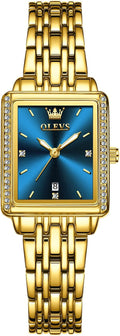 OLEVS Reloj de mujer de oro de acero inoxidable, reloj de cara cuadrada pequeña con decoración de diamantes, reloj de vestir de cuarzo analógico de lujo para mujer, reloj de pulsera impermeable con
