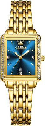 OLEVS Reloj de mujer de oro de acero inoxidable, reloj de cara cuadrada pequeña con decoración de diamantes, reloj de vestir de cuarzo analógico de lujo para mujer, reloj de pulsera impermeable con