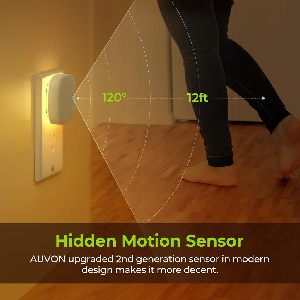 AUVON - Luz nocturna LED retroiluminada enchufable, 4 paquetes, sensor de movimiento y del anochecer al amanecer