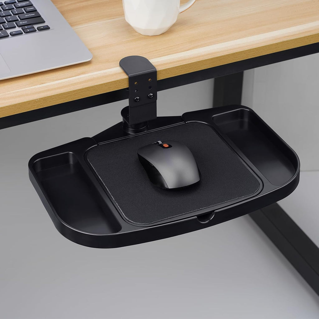 Plataforma de soporte de alfombrilla de mouse con abrazadera, altura ajustable debajo del escritorio, soporte de extensión giratoria de 360°, con 5 compartimentos de almacenamiento, ahorra