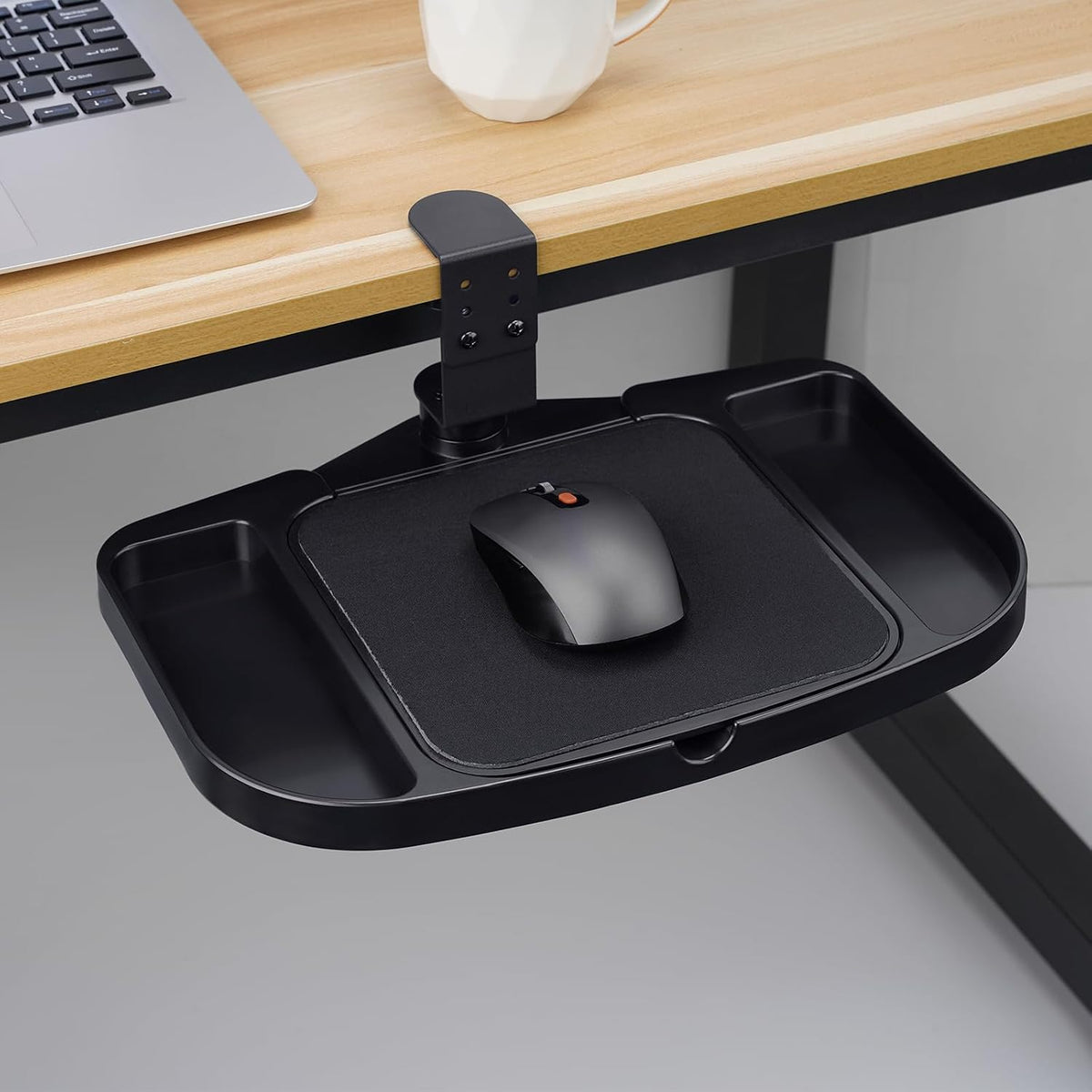 Plataforma de soporte de alfombrilla de mouse con abrazadera, altura ajustable debajo del escritorio, soporte de extensión giratoria de 360°, con 5 compartimentos de almacenamiento, ahorra
