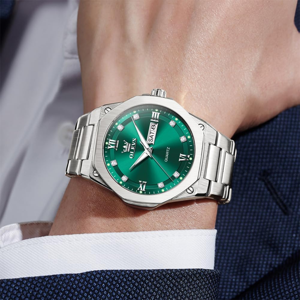 OLEVS Reloj de cuarzo octogonal de acero inoxidable para hombre, resistente al agua, para negocios, casual, de vestir, reloj de pulsera de lujo con diamantes luminosos para el día y fecha, regalo para