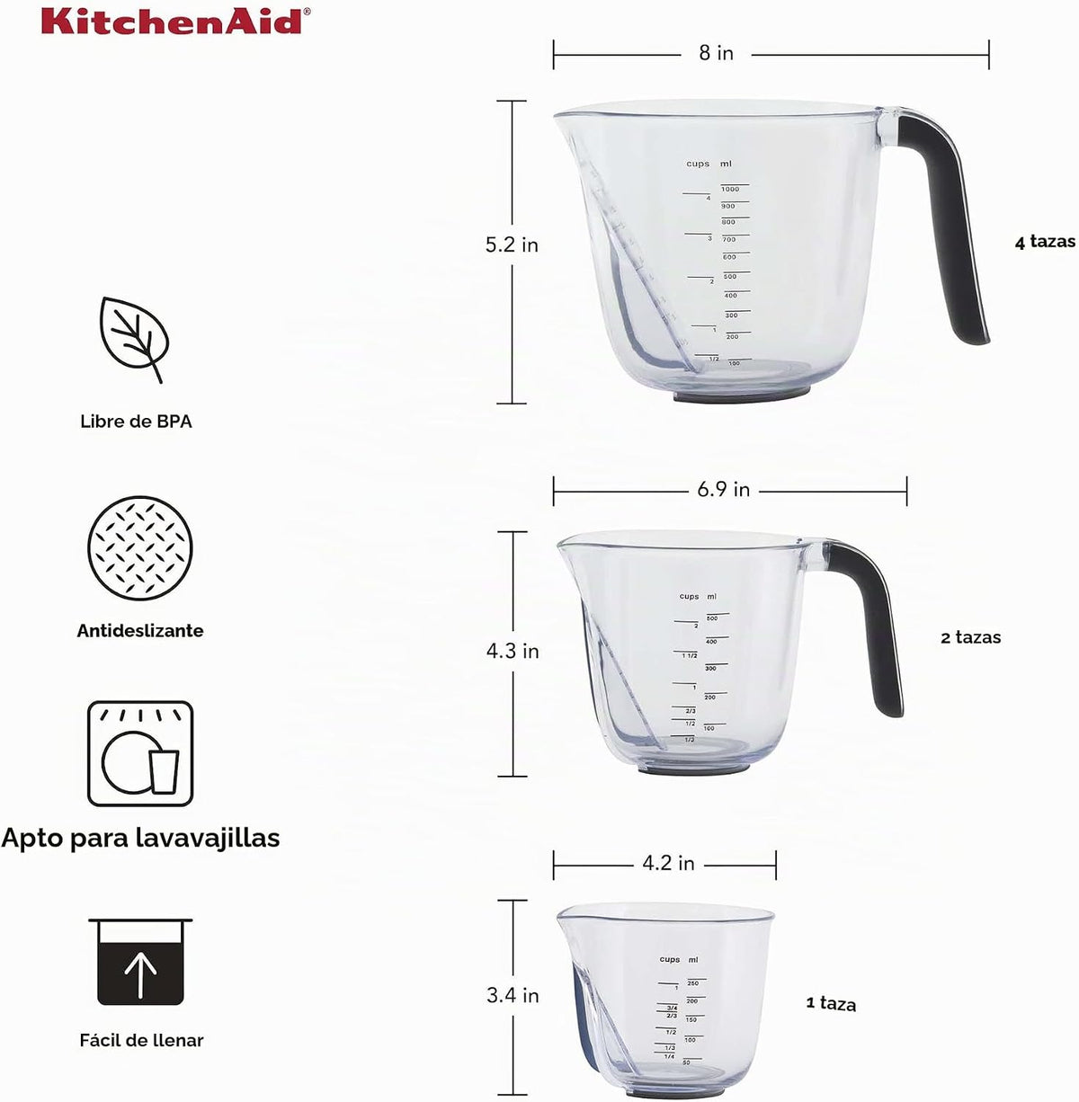 KitchenAid Juego de 3 tazas medidoras en ángulo universales Easy View, transparentes con asas negras