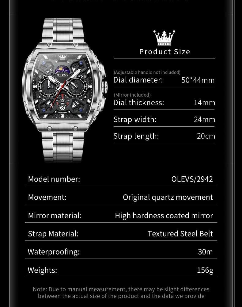 OLEVS Reloj para Hombres Analógico Cuarzo Lujo Diamante Resistente al Agua Cronógrafo Acero Inoxidable Carita Grande Cuadrado Fecha Fase Lunar Romano Relojes de Vestir para Hombres