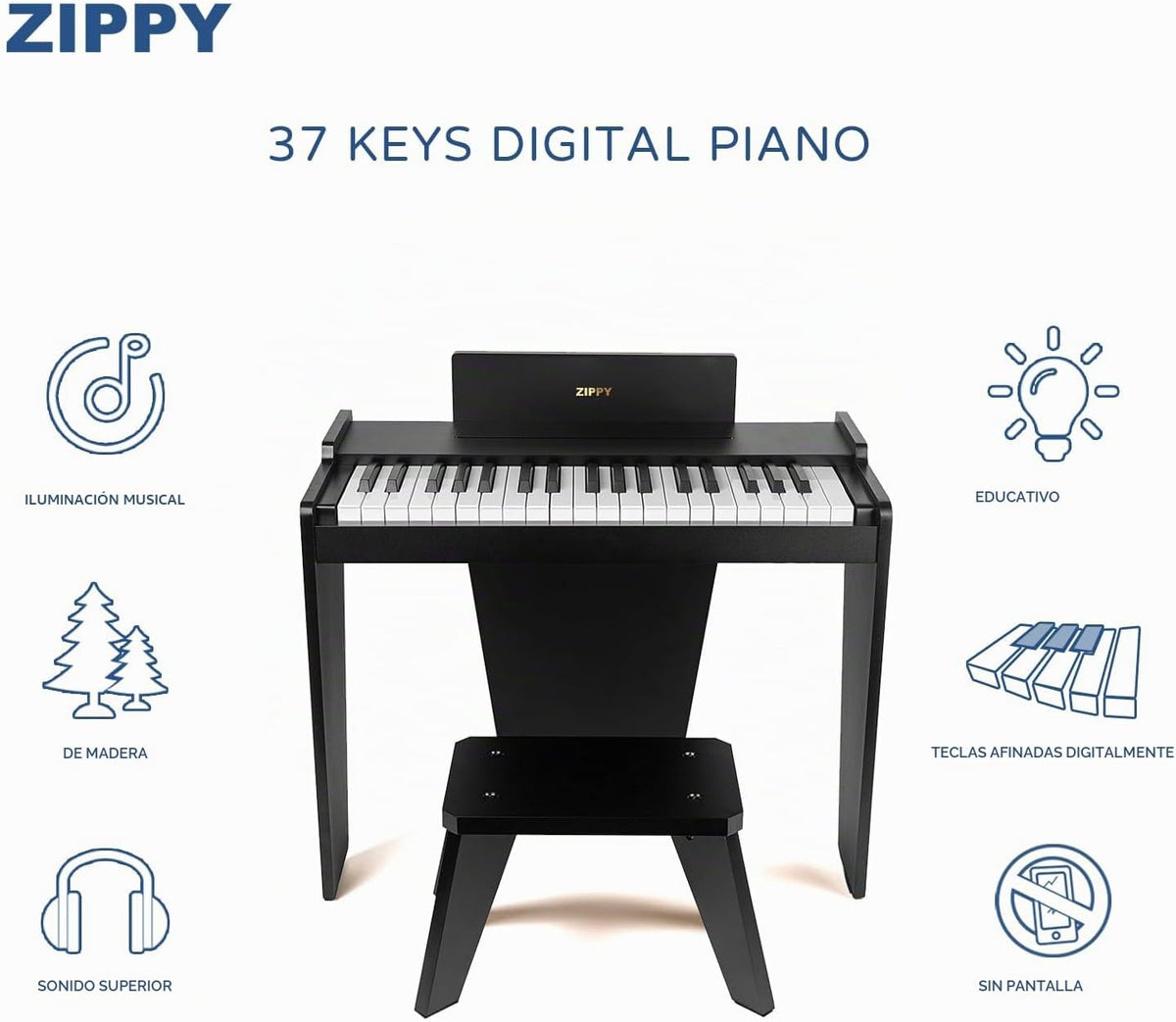 ZIPPY - Teclado de piano para niños, piano digital de 37 teclas para niños, instrumento educativo musical, piano de madera para niñas y niños mayores de 3 años