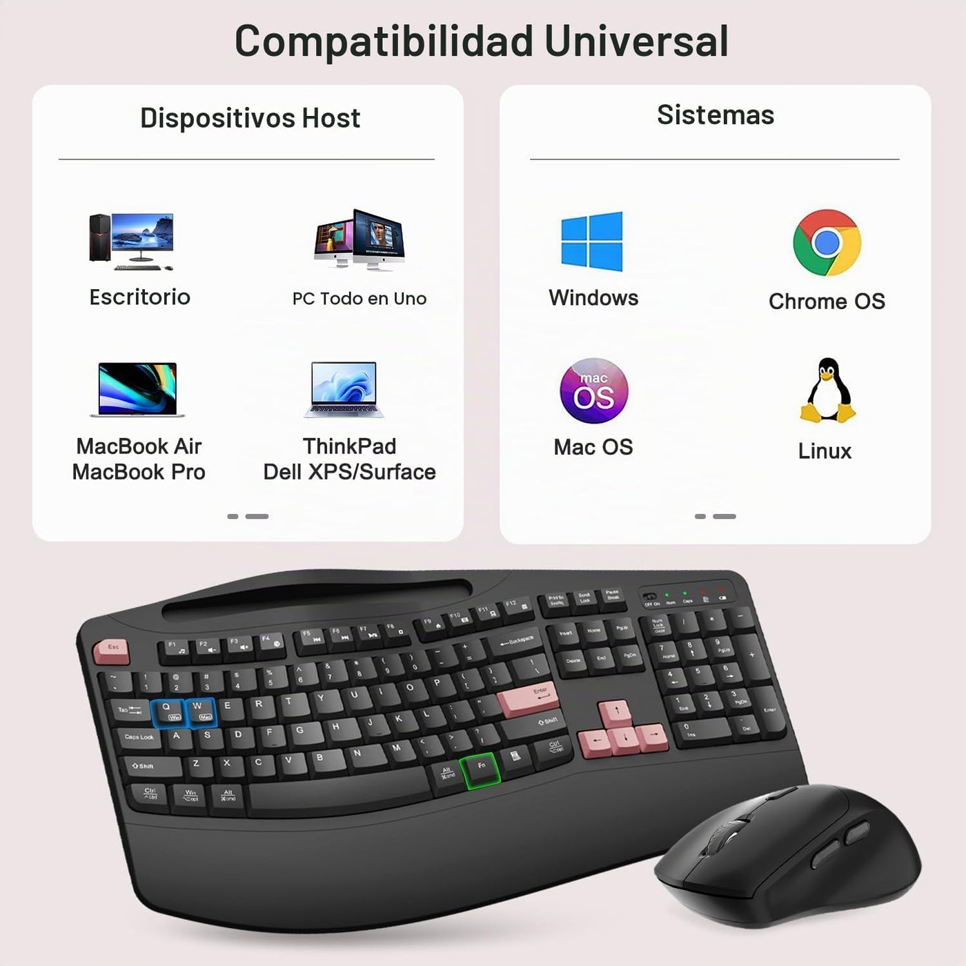 Combo de teclado y mouse inalámbricos, teclas onduladas de tamaño c...