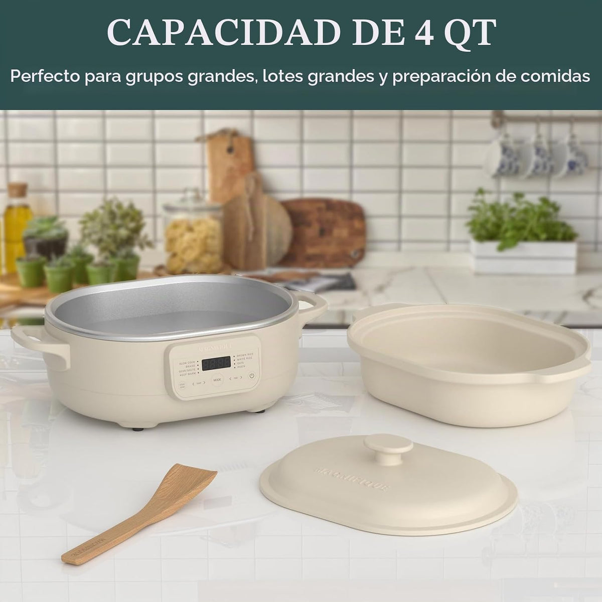 Claypot olla de cocción lenta de 4 cuartos de galón, olla multicocción 8 en 1 con programación flexible, bandeja extraíble, antiadherente, apta para horno hasta 450 °F, avena