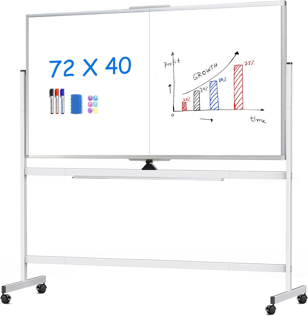 maxtek Pizarra blanca rodante, 183x102 grande de doble cara de borrado en seco con ruedas, pizarra blanca magnética gigante de pie para oficina, escuela, oficina en casa, educación en el hogar (183 x