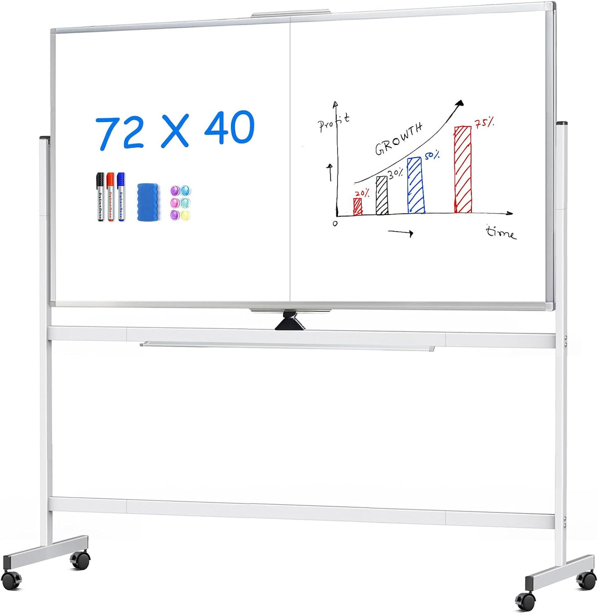 maxtek Pizarra blanca rodante, 183x102 grande de doble cara de borrado en seco con ruedas, pizarra blanca magnética gigante de pie para oficina, escuela, oficina en casa, educación en el hogar (183 x