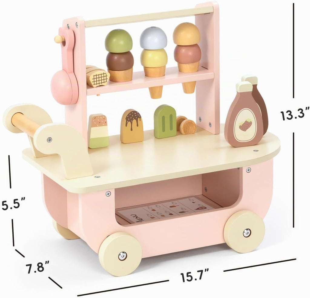 OOOK Carrito de helado de madera para niños con cuchara y ruedas