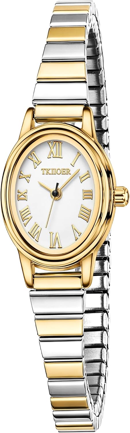 Relojes pequeños de oro para mujer, reloj analógico de esfera fácil de leer, caja ovalada, banda de expansión de acero inoxidable, reloj impermeable