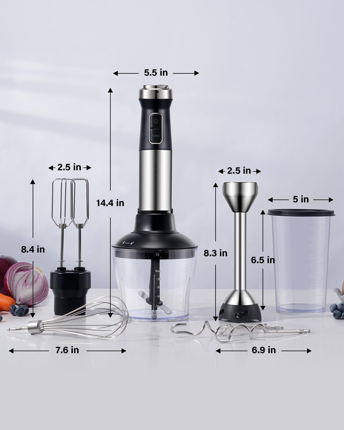 Batidora de inmersión 6 en 1, batidora de mano de 1000 W con 20 velocidades, batidora de palo resistente a los arañazos con batidor, picadora, vaso de precipitados, batidores de huevos y ganchos para masa, batidora de mano resistente, color negro