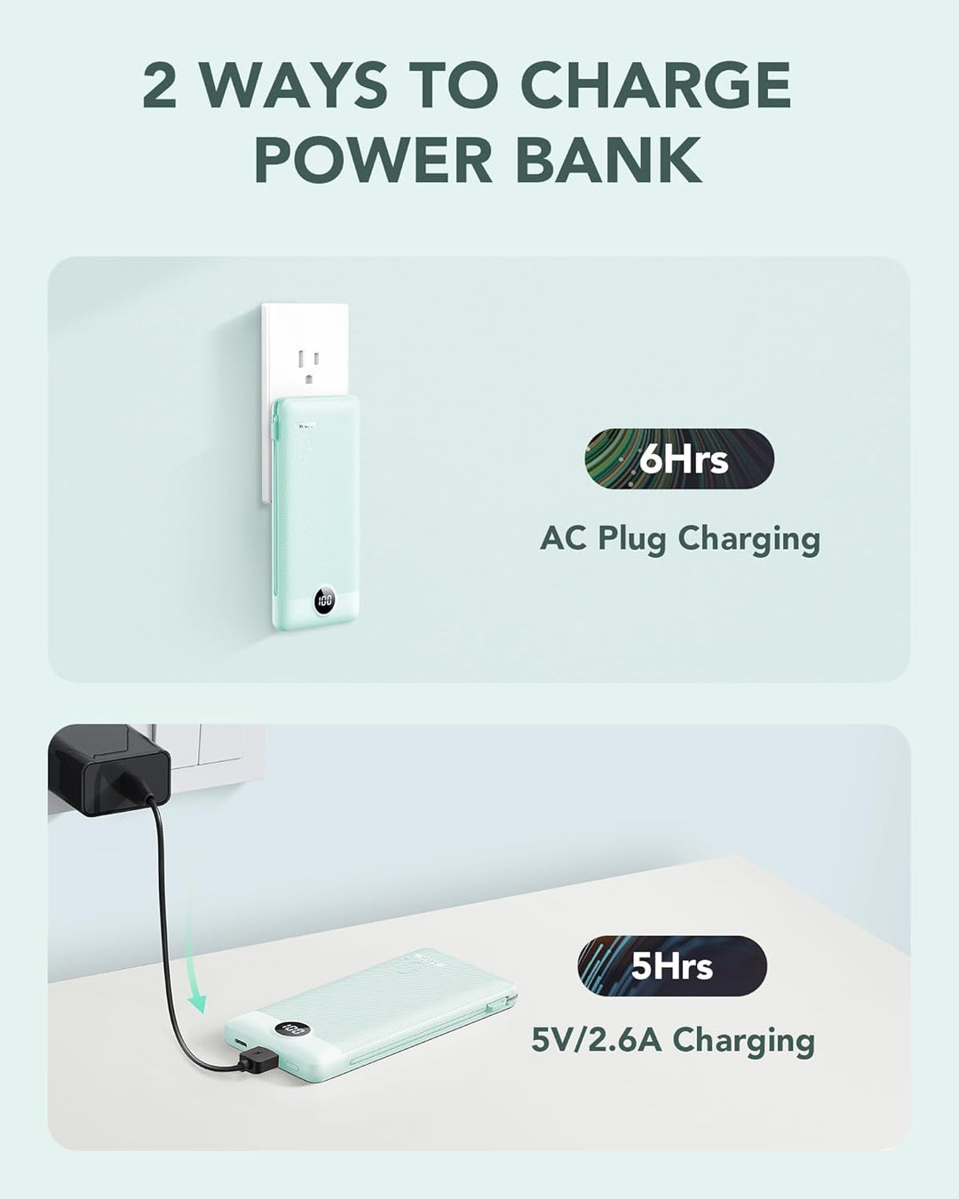 VRURC Cargador portátil con cables integrados y enchufe de pared de...