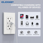 ELEGRP Cargador USB de pared, receptáculo USB con puertos USB tipo A y tipo C, enchufe dúplex de 20 amperios resistente a manipulaciones, placa de pared incluida, certificación UL (paquete de 6,