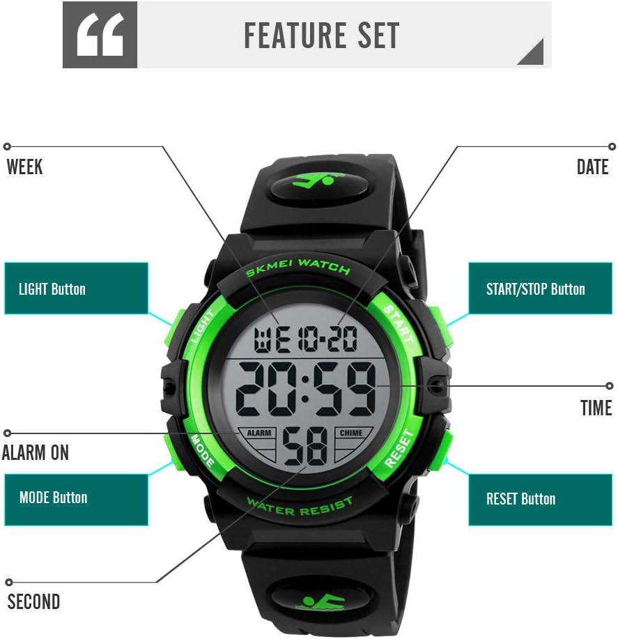 Reloj digital para niños, deportes al aire libre, 164 ft, impermeable, reloj despertador, cronómetro de 12/24 H, cronómetro, calendario para edades de 3 a 15 años, reloj de pulsera para niños