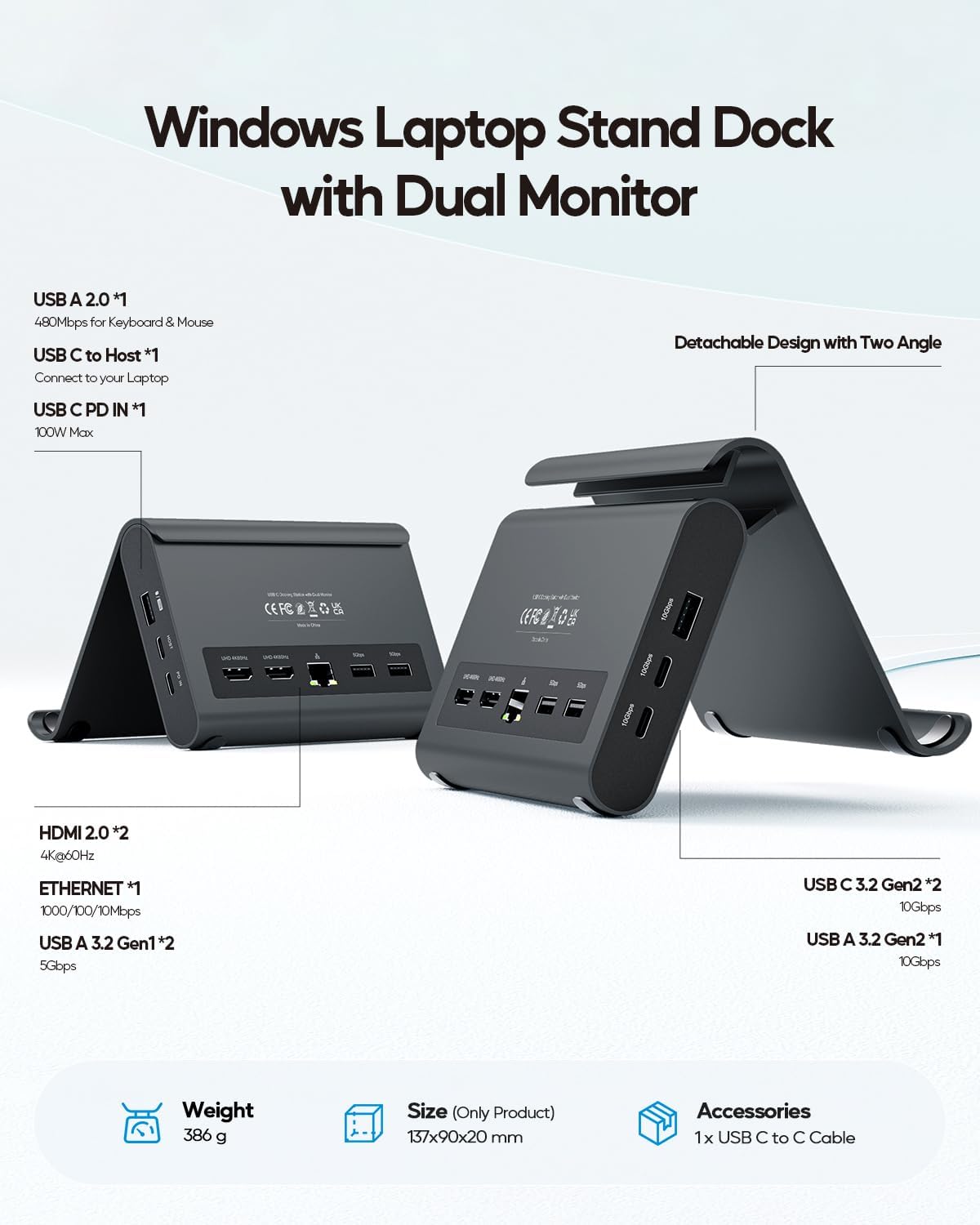 Estación de acoplamiento para portátil con monitor dual 4K@60Hz, 6*USB-C/A
