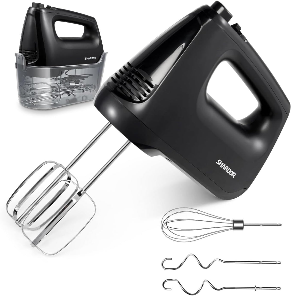 SHARDOR Batidora de mano eléctrica, 6 velocidades y turbo, mezclador eléctrico de mano, estuche de almacenamiento a presión, 5 accesorios de acero inoxidable para batir, mezclar galletas, brownie