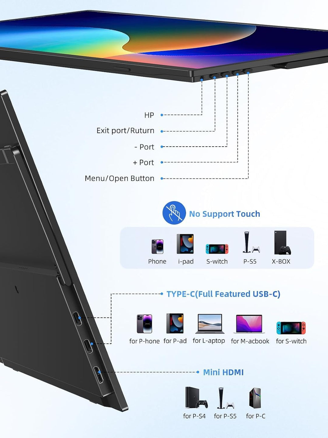 UPERFECT Monitor portátil con pantalla táctil de 15.6 pulgadas, 125...