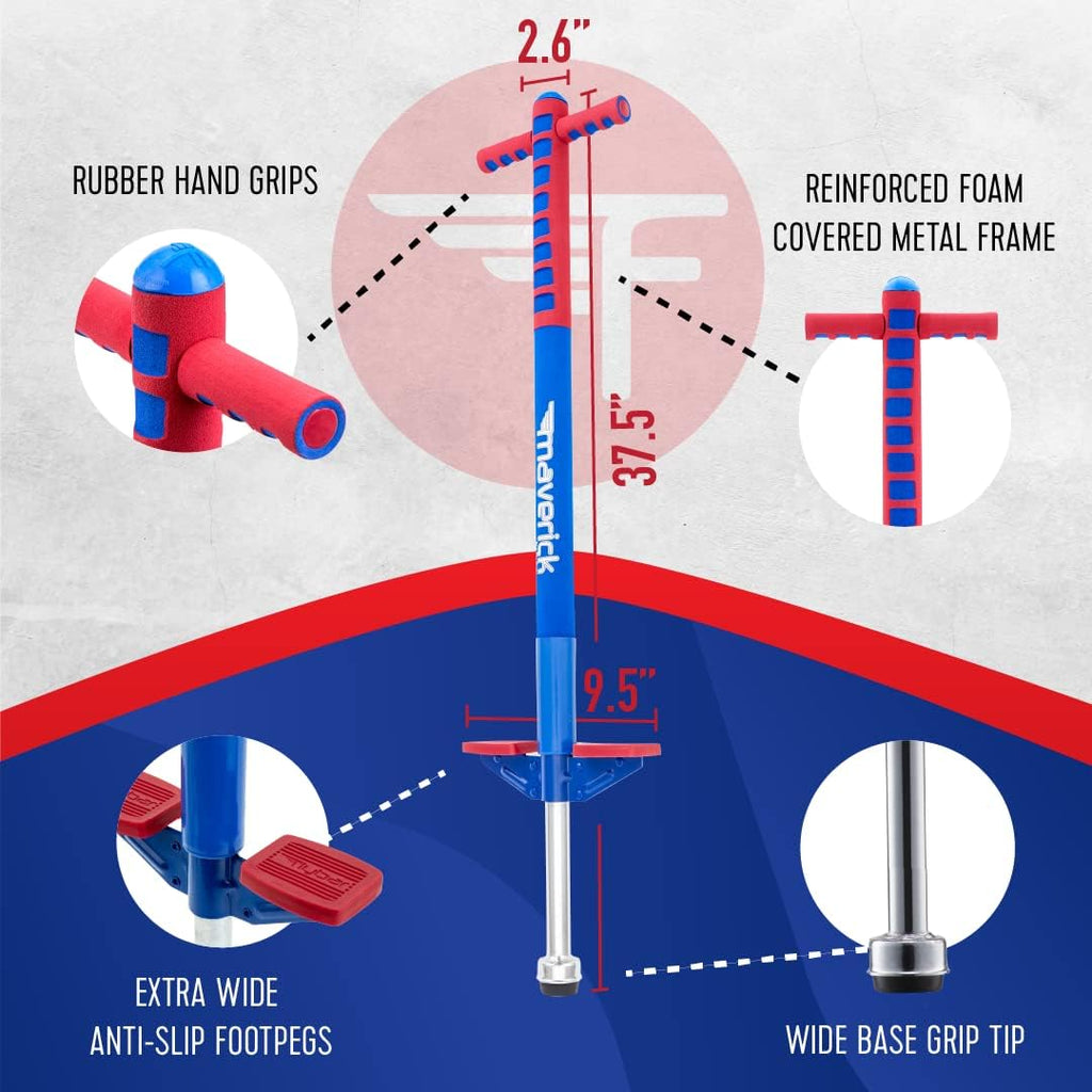 Flybar Maverick Pogo Stick de espuma para niños de 5 años en adelante, 40 a 80 libras, palo de Pogo para niños y niñas (rojo/azul)