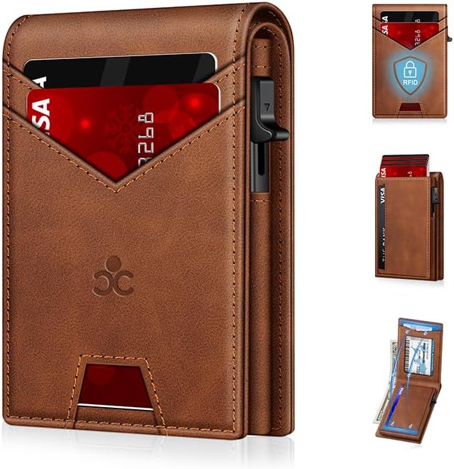Billetera para hombre con bloqueo RFID minimalista para 12-14 tarjetas | Cartera inteligente delgada y plegable con ventana para identificación y ranura para efectivo, bolsillo frontal, estuche