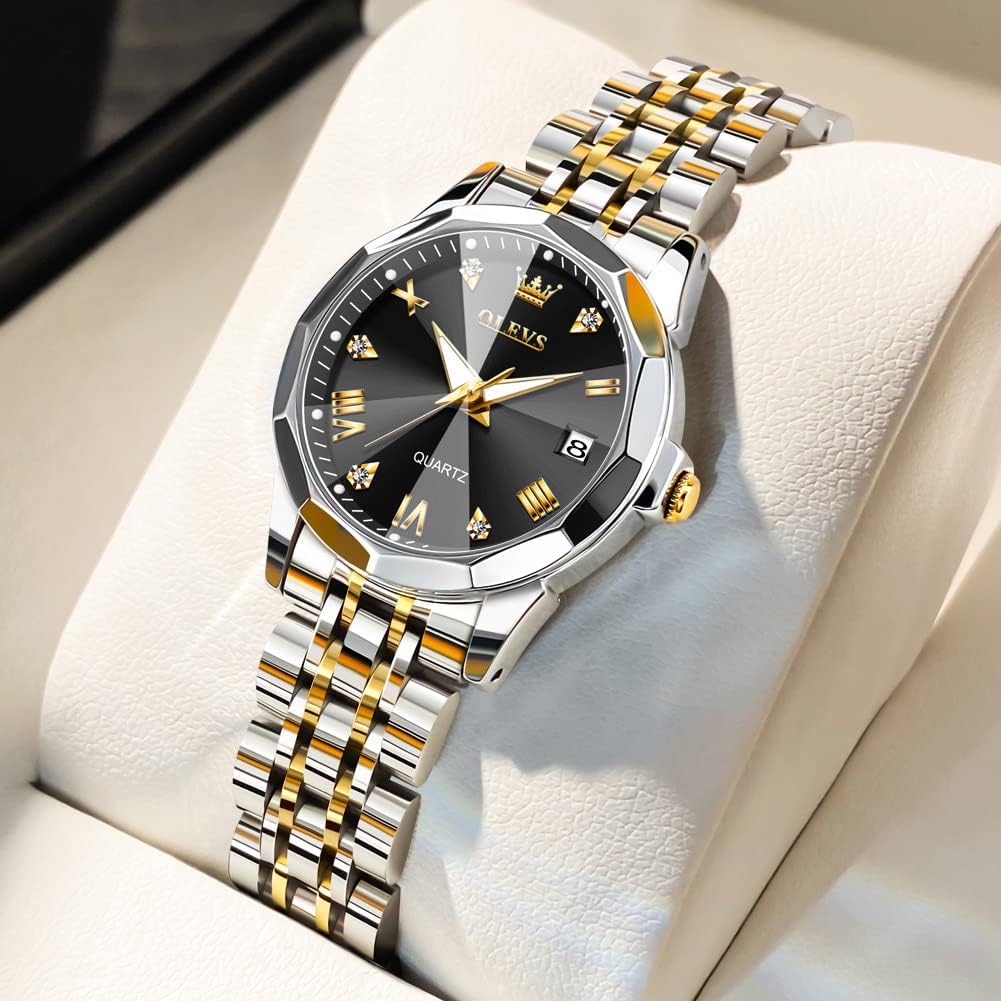 OLEVS Reloj Analógico de Cuarzo para Mujer, Acero Inoxidable Plateado de Dos Tonos, Moda, Resistente al Agua, Luminoso, con Fecha y Día, Relojes de Pulsera para Damas