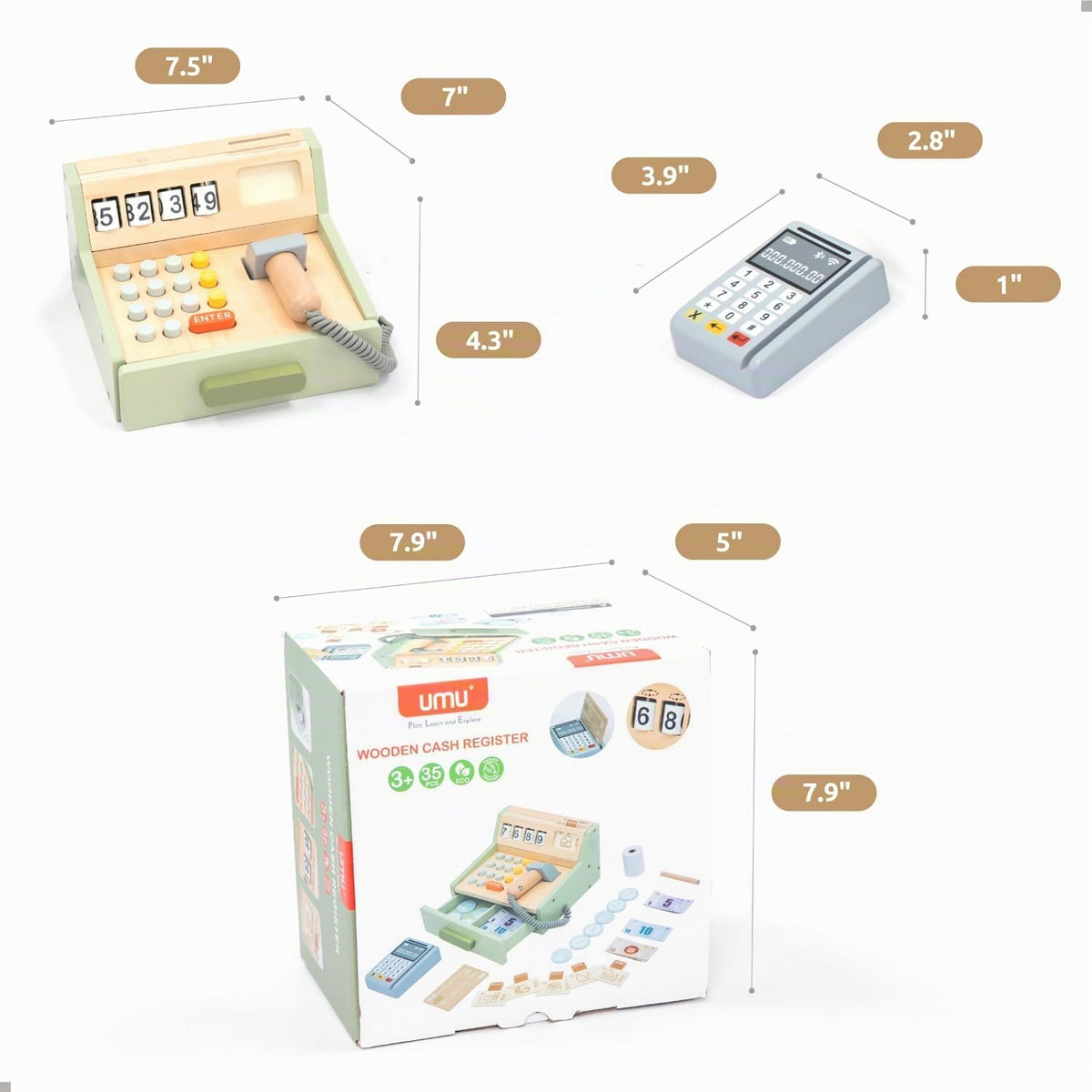 UMU® Caja registradora de madera para niños, incluye accesorios (escáner, terminal de pago, dinero de juego, etc.), tienda de juegos de rol y accesorios para niños de 3, 4, 5, 6 años