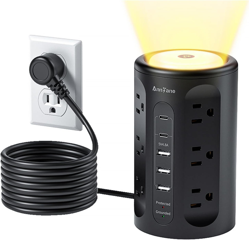 Torre de tira de alimentación AnnTane con luz nocturna, tira de alimentación con protector de sobretensiones y puertos USB, cable de extensión de 10 pies con múltiples tomas (12AC+3A+2C) para