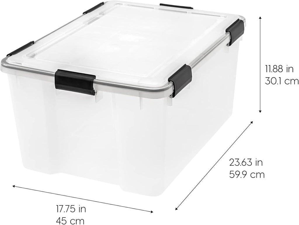 IRIS USA WeatherPro - Paquete de 8 contenedores apilables de almacenamiento de 62.8 cuartos de galón, caja de plástico con tapas de cierre herméticas y sello, transparente/negro