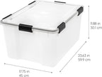 IRIS USA WeatherPro - Paquete de 8 contenedores apilables de almacenamiento de 62.8 cuartos de galón, caja de plástico con tapas de cierre herméticas y sello, transparente/negro